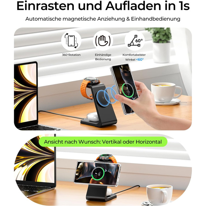 Магнітна зарядка 3-в-1 для Samsung Galaxy: швидка бездротова зарядка Mag-Safe для S25 Ultra/S24/S23, Z Fold/Flip, Galaxy Watch Ultra/7/6 та Galaxy Buds Pro (чорний)