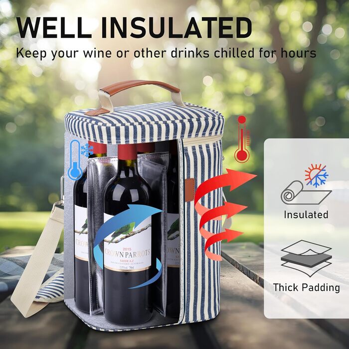 Kato Tirrinia Insulated Wine Cooler Bag, 4 Bottle Cooler Bag Wine Bag Beverage Bags with Handle and Adjustable Shoulder Strap, Gift for Wine Lovers for Picnic, Party, Beach (Cooler Bag 4 Bottles - Stripes)
