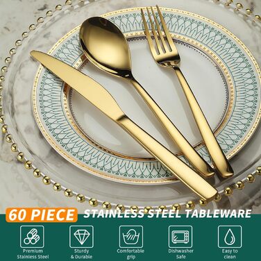 Berglander Gold Wedding Cutlery Set 60pcs Service for 20, Titanium Coated Stainless Steel Cutlery Set, Gold Spoon Fork Knife Set for Home, Wedding, Restaurant, Dishwasher Safe