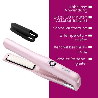 Випрямляч для волосся Beurer HS 20 Akku з USB-зарядкою, рожевий, для подорожей, 3 температурні режими, швидкий нагрів