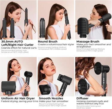 UKLISS Airstyler Pro 7-в-1: фен, стайлер, локони, випрямлення. Без екстремального нагріву, чорний/білий золотий