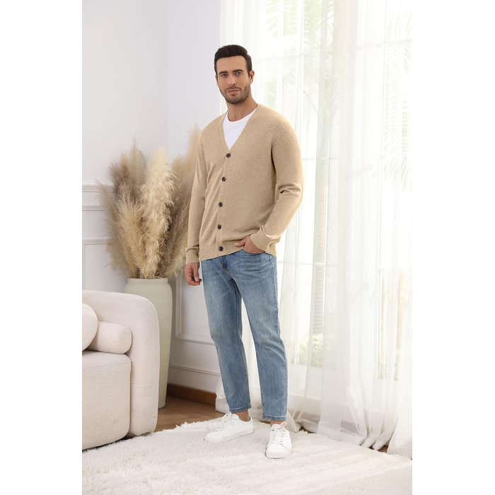 Чоловічий в'язаний кардиган вінтажного стилю з ґудзиками, з довгим рукавом, V-подібний виріз, легкий та теплий на осінь/зиму, бежевий, розмір M