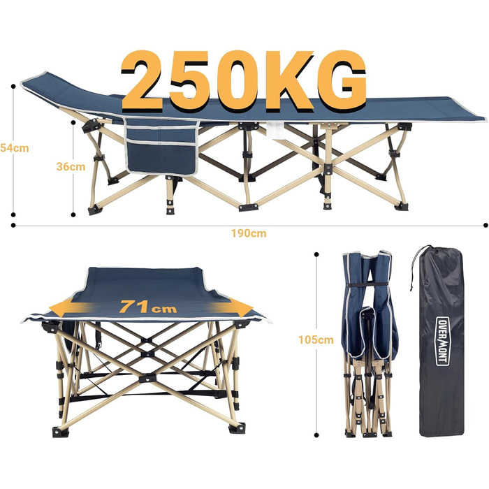 Розкладне ліжко Overmont для кемпінгу - туристичне ліжко 190 x 71 x 36 см, до 250 кг, з кишенею та сумкою для перенесення