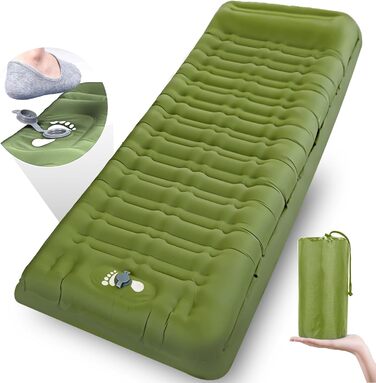 Airminti Self-Inflating Camping Mat - 12cm Thick, Lightweight Air Mattress with Foot Pump & Pillow - Outdoor Sleeping Pad for Camping, Trekking, Beach & Festival - Compact, Army Green