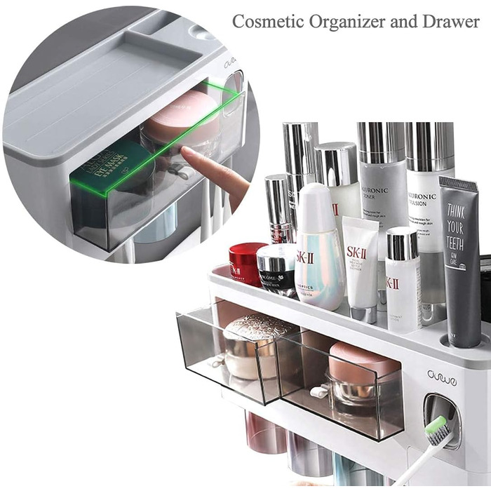 Automatic Toothpaste Dispenser Wall-Mounted with Space-Saving Toothbrush Holder for Bathroom, 2 Transparent Magnetic Cups, 6 Toothbrush Slots, 1 Cosmetic Organizer Drawer (Gray-4 Cups)