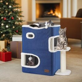 YITAHOME Cat House Indoor, Cat Bed for Indoor Cats, Cat Tunnel, Cat Cave, Small Scratching Post, Cat Furniture, Cat Bed Cave, cat caves, Cat Beds (Blue, with Platform)