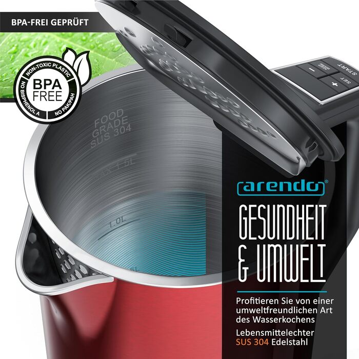 Електричний чайник Arendo з регулюванням температури 40-100°C, 1,5 л, 2200 Вт, модель ELEGANT, червоний