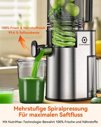 Соковитискач CelerySpec Slow Juicer - переможець тесту, для цілих овочів та фруктів, 130 мм, 1.8л, BPA-free, 250W, з функцією зворотного ходу, нержавіюча сталь, чорний