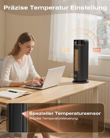 Обігрівач MYCARBON 43 см для ванної кімнати: тихий 32 дБ, 1900 Вт, ECO режим, таймер 12 год, осциляція, енергозберігаючий, PTC кераміка, пульт дистанційного керування, термостат, чорний