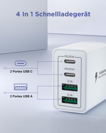 Мережевий адаптер USB-C на 4 порти з кабелем USB-C на USB-C 2м, 40W, PD 3.0, для iPhone, Samsung, смартфонів