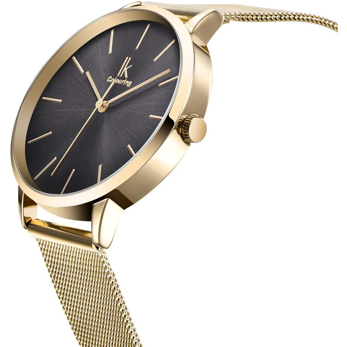 Жіночий годинник Alienwork IK Minimalist, ультратонкий, сітчасте браслет (Золото / Сірий / Золоте сітчасте браслет)