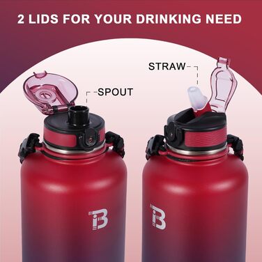 Stainless Steel Water Bottle 1900 ml (+2 Lids), 1.9 Liter Insulated Water Bottle with Straw, Leak-Proof Double-Walled Insulated Bottle with Chug Lid for School, Fitness, Outdoors
