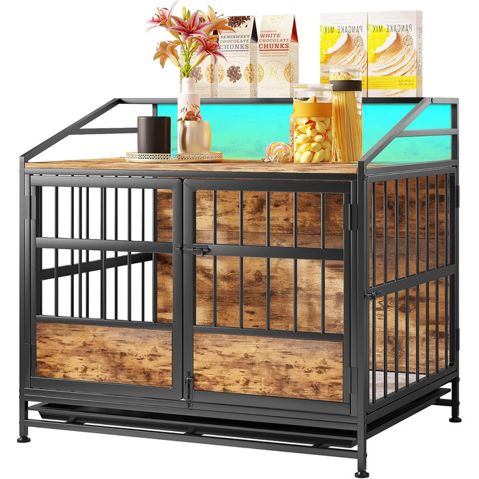 Клітка для собак з полицею для зберігання, знімний піддон, міцна конструкція, для середніх собак, внутрішня будка для собак з дерев'яною поверхнею столу, будиночок для собак, 80x50x76 см, чорний (M)