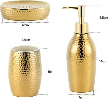 Набір дозатора мила Gold, 3 шт. Керамічний аксесуар для ванної кімнати: дозатор мила, мильниця та стакан для зубних щіток, розкішний дизайн для ванної та гостьового WC