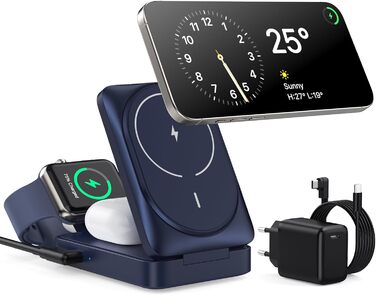 3-в-1 Бездротовий зарядний пристрій з MagSafe, Qi2, для iPhone 16/15/14/13/12, Apple Watch, AirPods, білий (блакитний)