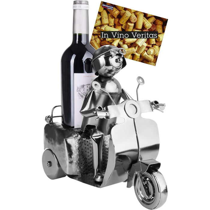 BRUBAKER Wine Bottle Holder Scooter Rider Silver - Metal Sculpture Bottle Stand - 27 cm Metal Figure Wine Gift for Scooter Fans - with Greeting Card
