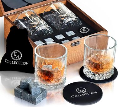 Набір для віскі: 8 гранітних охолоджувачів, 2 кришталеві келихи для бурбона та дерев'яна коробка. Ідеальний подарунок для чоловіків, батька, чоловіка, друга, начальника