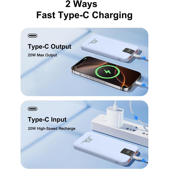 Powerbank 10000mAh 22.5W з LCD-дисплеєм: швидка зарядка, 3 виходи, 2 входи, USB-C, для смартфонів та планшетів (блакитний)