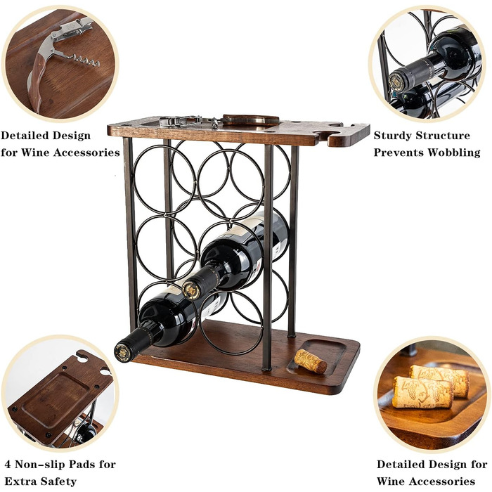 Wine rack for 6 bottles, wine bottle holder, 3 tiers, with 2 wine glasses.