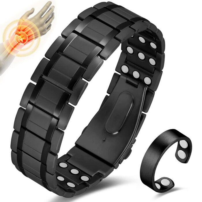 Браслет для лімфодренажу чоловічий з магнітами, титан, регульований, з інструментом для зняття та подарунковою коробкою (Чорний) 3 ряди, покращений чорний