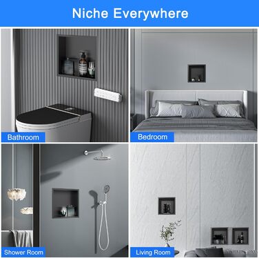 KINKIBOS Wall Niche Shower Stainless Steel, No Tiles Required, Recessed Shower Niche 30 x 30 x 10 cm, Shower Niche Single Shelf Storage Grey Black