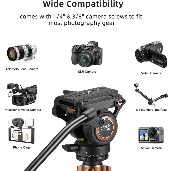 Штатив відео Cayer FP2450 з плинною головкою, 75 дюймів, алюміній, 4 секції, компактний, перетворюється на монопод, для DSLR, до 6 кг