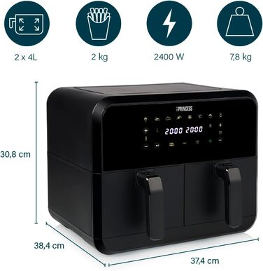 Princess Double Chamber Air Fryer with 2x4L Capacity – 74% Less Energy Consumption – Separate Temperatures for 2 Compartments – 8 Programs – 182068, 2400 Watt, 38.4 x 37.4 x 30.8 cm Double 2x4L Chamber Air Fryer Black