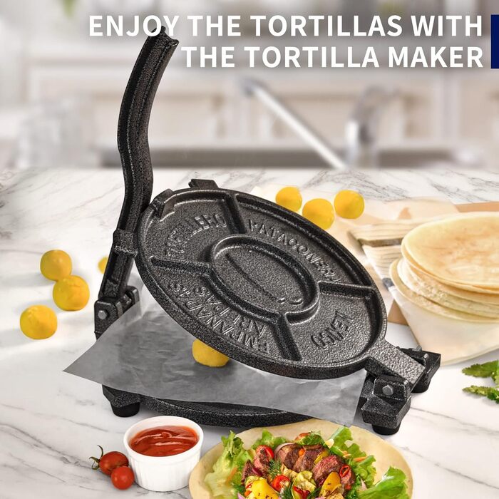 ARC Cast Iron Taco Press with 100 Parchment Papers - Tortilla Maker for Mehl Tortillas, Roti, Patacones - 8 Inch (20.3 cm)