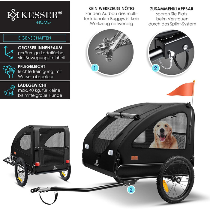 KESSER® Будь-куди з собакою: переносний візок для собак Боксер 2-в-1, великий (250л), чорний - з прапорцем та сумкою, 600D Oxford Canvas, складаний, SmartSpace