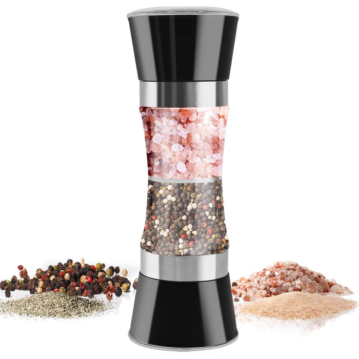 Мельниця для солі та перцю 2-в-1 Cyiecw, ручна, з регулюванням, нержавіюча сталь, для перцю та солі (чорна)