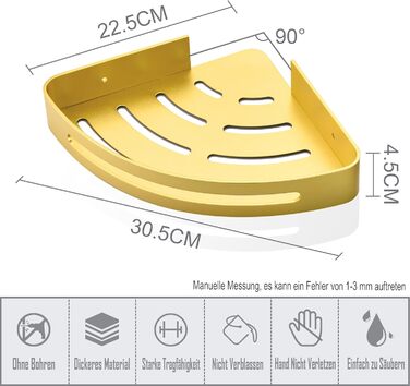 Поличка для душу без свердління, кутова поличка для ванної кімнати з алюмінію Space, трикутна корзина для душу з гачками, органайзер для шампуню, антикорозійна (2 шт., піскоструминне золоте покриття)