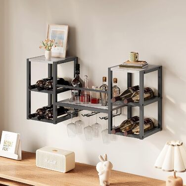 Настінна вітрина для вина VEDECASA на 3 яруси з 6 тримачами для келихів, сіра