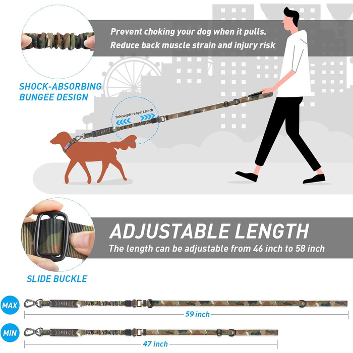 Міцна собача повідок-рулетка, камуфляжна військова повідок з автофіксатором для великих собак до 68 кг, 1,8 м, амортизуюча, з подвійним руків'ям, тактична повідок для собак