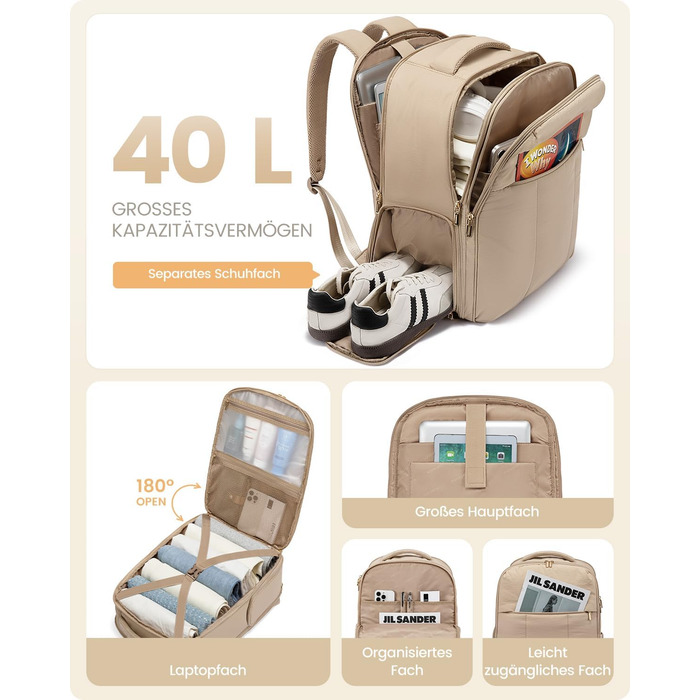 Рюкзак LOVEVOOK для жінок, 40L, ручна поклажа, для подорожей, з відділенням для взуття та ноутбука 17 дюймів, водонепроникний, для бізнес-поїздок та відпочинку, бежевий