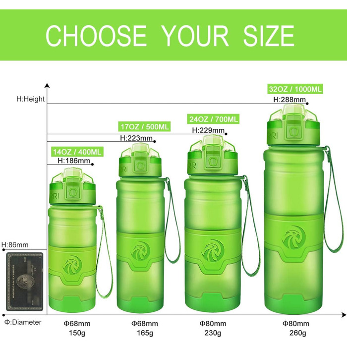 ZORRI Sport Water Bottle for Kids, 500 ml/700 ml/1000 ml, BPA-free, eco-friendly Tritan plastic, reusable water bottles with filter, 1000ml-32oz (Green-400ml, 414 ml)