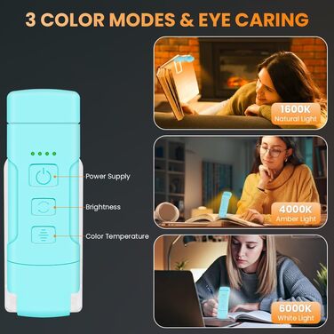 LED лампа для читання з кліпсою, акумуляторна, 3 режими температури кольору, USB, гнучка 360°, для читання в ліжку, для книголюбів та дітей (Блакитна)