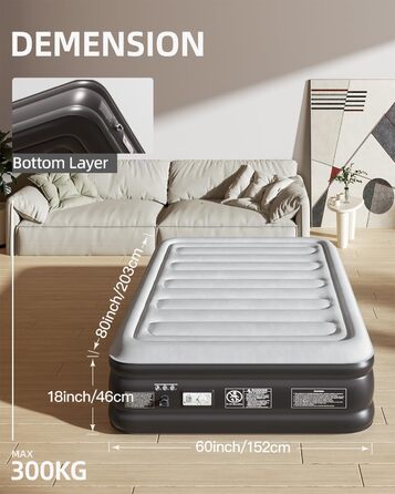 Надувне ліжко CHILLSUN® для 2 осіб, 203x152x46 см з електричним насосом, водонепроникне, для кемпінгу та гостей