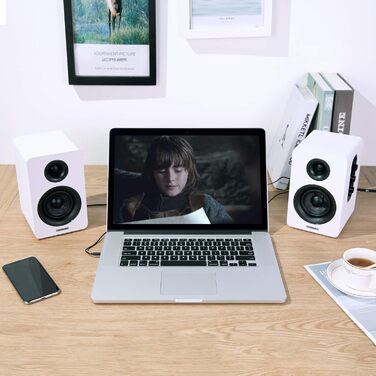 Sanyun SW208: Активні Bluetooth 5.0 колонки на полицю, 60W, вуфер з карбону, вбудований 24-бітний ЦАП, 3D-Surround звук, 2.0 для ПК/монітора (пара, білі)