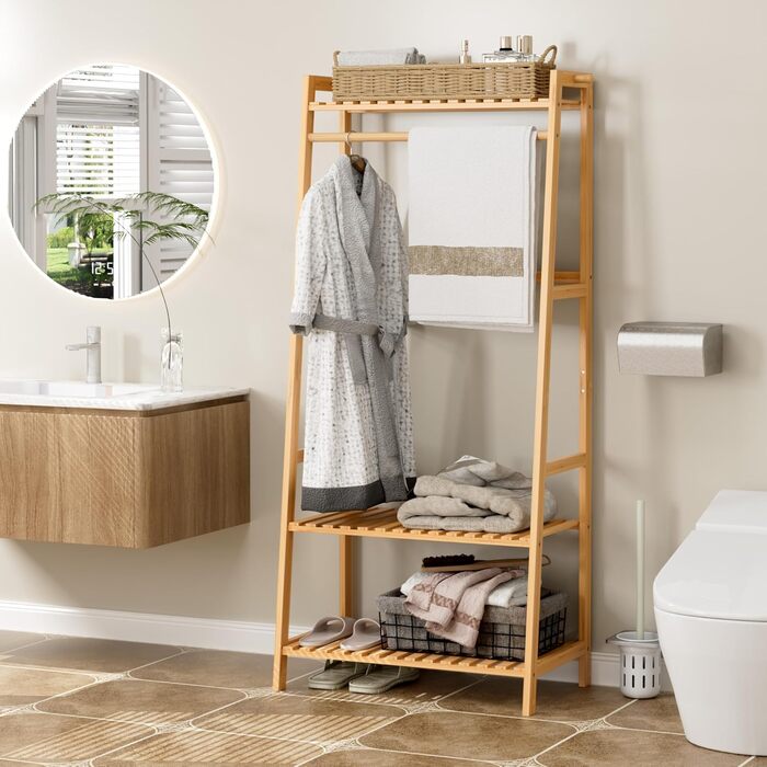 FOREHILL Clothes Rack with Shelves Coat Rack Bamboo Clothes Rail with Anti-Tip Device for Clothes Shoe Shelf Bags 164x70x42cm