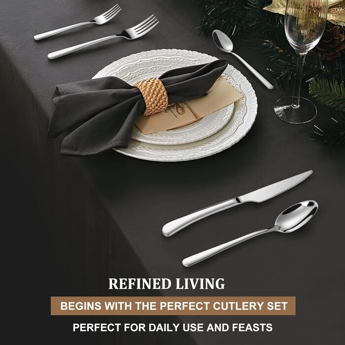 Набір столових приборів TAN REN, чорний, 48 предметів (8 осіб), з ножем для стейка, нержавіюча сталь