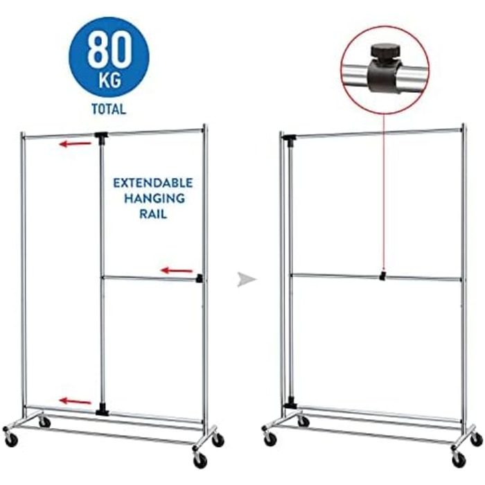Tatkraft Drago Clothes Rack - Stable, with 2 Clothes Rails, up to 110 kg, Coat Rack, Adjustable, Clothes Rack on Wheels, Metal, (Silver)