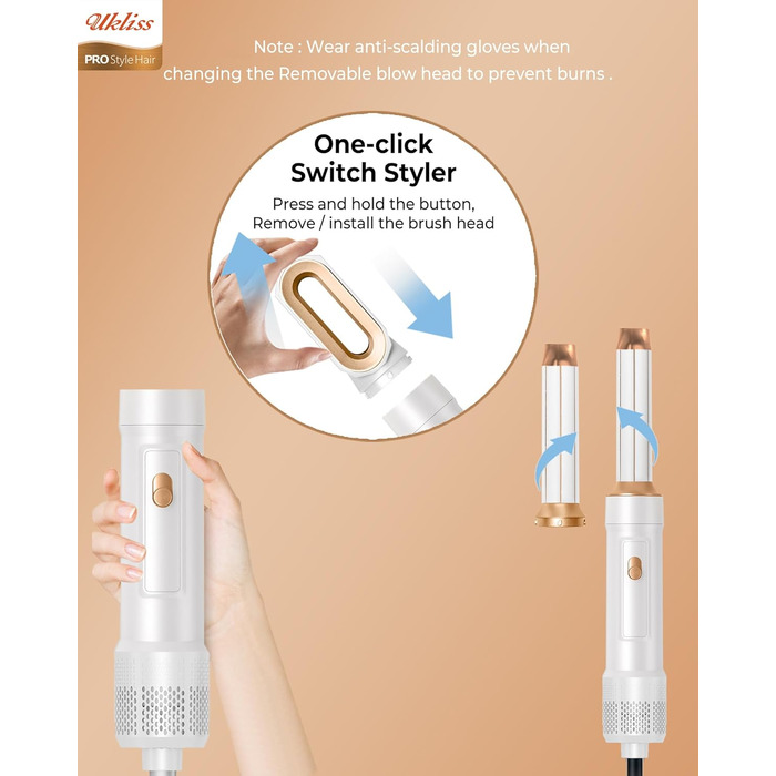 UKLISS Стайлер для волосся 6-в-1 Air Styler Set - Професійний стайлер з насадками: фен-щітка, керлер, щітка з гарячим повітрям, фен-щітка, фен, випрямляч | для створення локонів, об'єму, випрямлення та сушіння (Перламутрово-білий)
