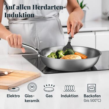 Сковорода Deedro 28 см, індукційна, нержавіюча сталь, без покриття, для всіх типів плит, знімний ручка, можна використовувати в духовці та мити в посудомийній машині