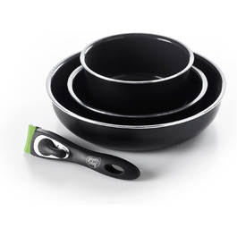 Набір каструль GreenChef ClickPan з керамічним антипригарним покриттям, 3 предмети (16см/1,6л та 20см/3,1л), знімна ручка, PFAS-free, універсальні, компактні, для індукції, можна мити в посудомийній машині, чорні. 4-елементний набір каструль і сковорідок.