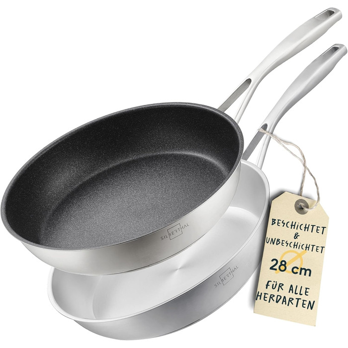 Набір сковорідок SILBERTHAL з нержавіючої сталі (2 шт.) 28 см - антипригарне та без антипригарного покриття, придатні для духовки та мийки