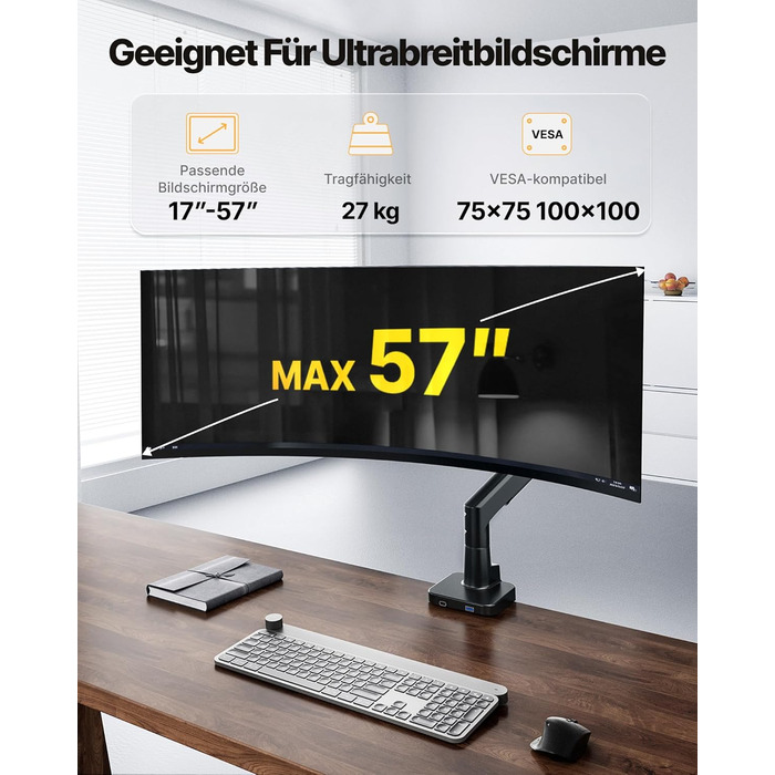 Кронштейн для монітора monTEK для Ultrawide-екранів 17–57 дюймів до 27 кг, алюмінієвий пневматичний підйомник, регулювання висоти, VESA 75x75/100x100, USB 3.0, чорний