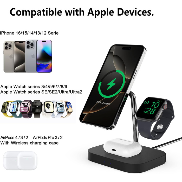 Бездротова зарядка Boaraino 3-в-1 для iPhone 17/16/15/14/13/12, Apple Watch та AirPods, чорний