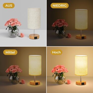 Настільна лампа Suright з торшером з льону, USB-портами A+C, регулюванням яскравості, дерев'яною основою, для спальні/вітальні (LED-лампочка в комплекті), 2 шт. - бежева