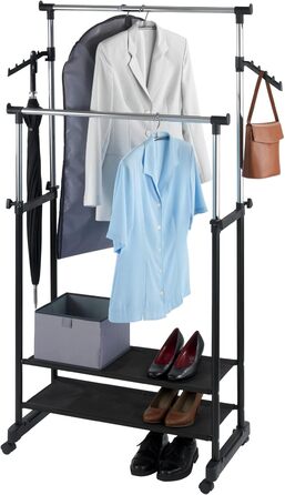 WENKO Clothes Rack Folding, Clothes Storage with Adjustable Clothes Rail and Wheels, Plastic/Metal, 88 x 100-168 x 11-49 cm, Chrome/Grey (169 x 43 x 89.5 cm)