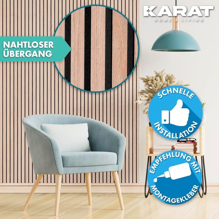 Акустичні настінні панелі KARAT з натурального шпону дуба (White Oak), ламелі з дерева та фетру для шумоізоляції та звукопоглинання, 118 x 60 см